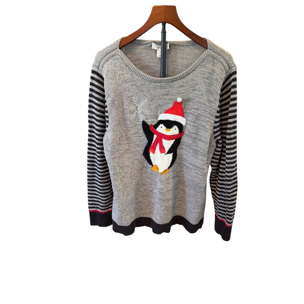 Vtg‎ CJ Banks Womens Sweater 2X Penguin Snowflake Christmas Holiday Gray Striped